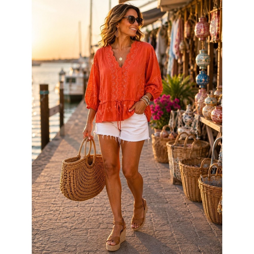 ASOS Coral Eyelet Embroidered Peplum Blouse Boho Cottagecore Tie Waist S-L